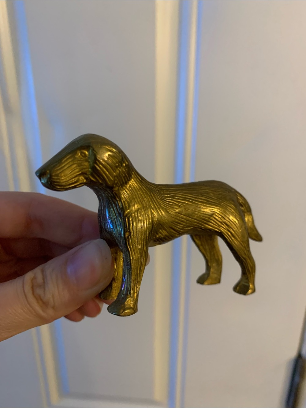 Vintage Brass Dog standing Figurine Sculpture, engraved detail
